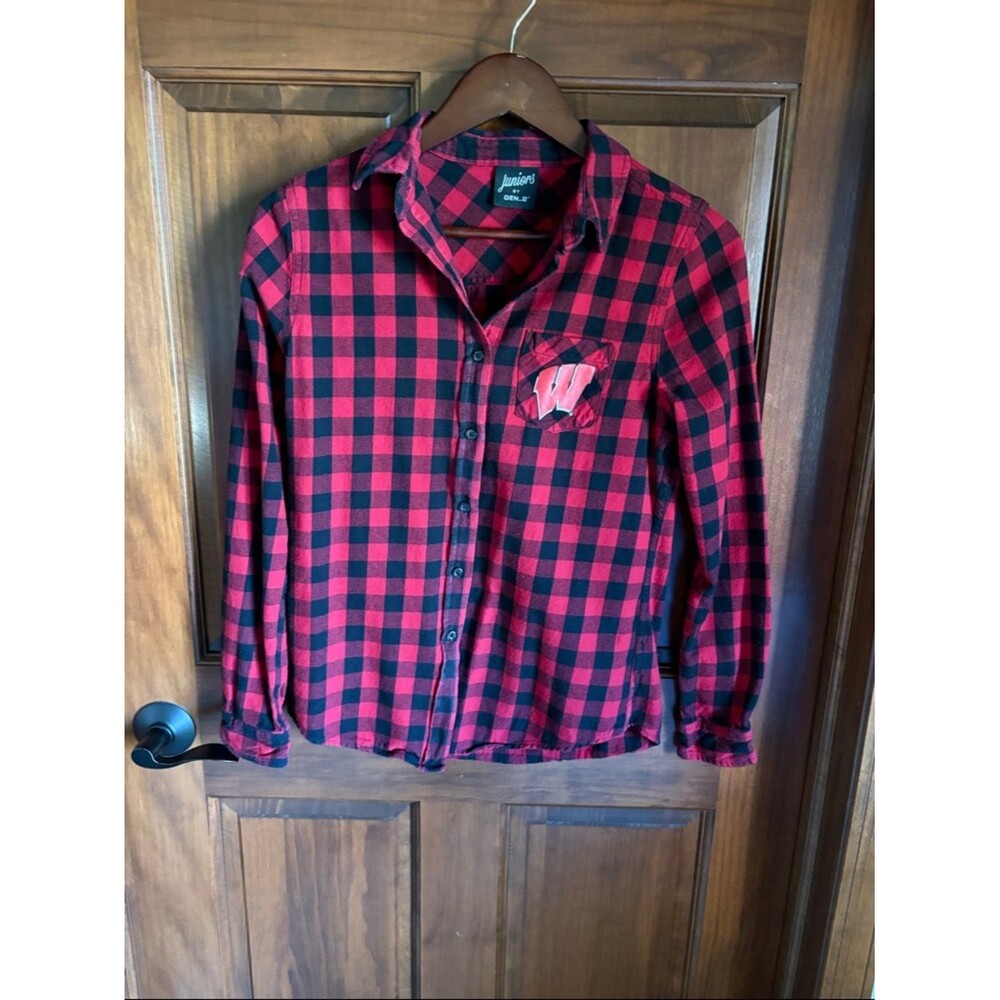 Red and Black Wisconsin Buffalo Plaid Button Down Shirt-Women's MEDIUM